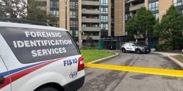 Police vehicles at the scene of a Toronto police shooting near Trethewey and Black Creek drives