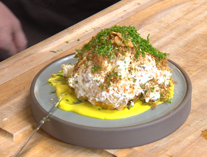 Whole Roasted Cauliflower with Yellow Curry Sauce